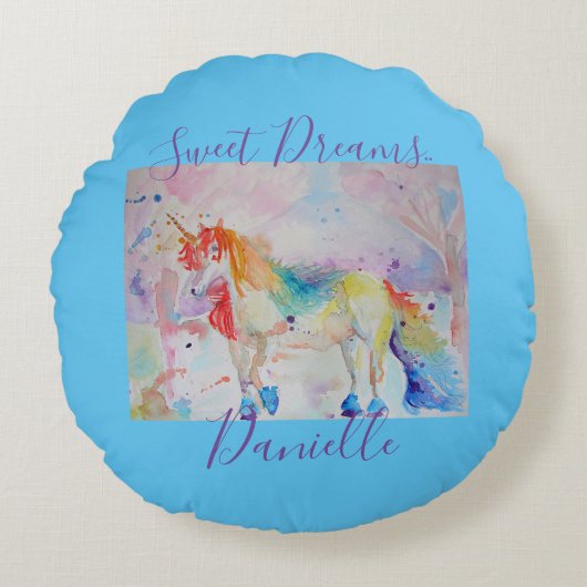 Rainbow Unicorn Pink Girls Sweet Dreams Cushion Rundes Kissen (Vorderseite)