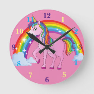 Rainbow Unicorn Pink Kinderzimmer Wall Clock Runde Wanduhr