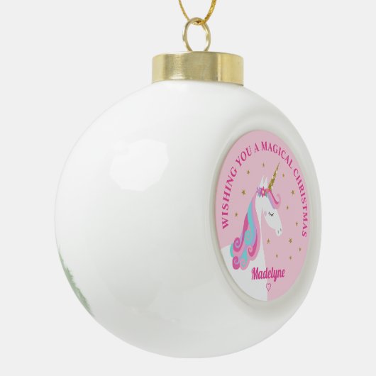 Rainbow Unicorn Pink Personalisierte Weihnachten Keramik Kugel-Ornament (Links)