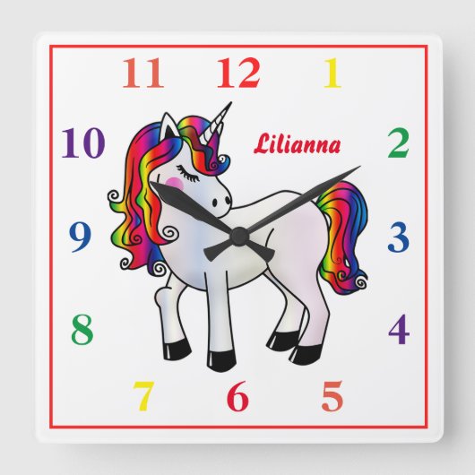 Rainbow Unicorn Quadratische Wanduhr (Vorderseite)