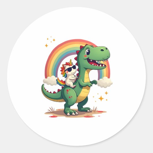 Rainbow Unicorn Riding T rex - Dinosaur Boys Girls Runder Aufkleber (Vorderseite)