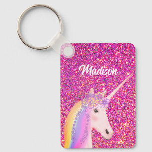 Rainbow Unicorn Rosa Glitzer Fantasy Personalisier Schlüsselanhänger