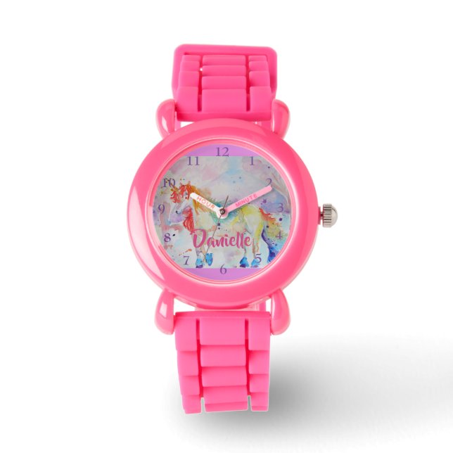 Rainbow Unicorn Rosa Glitzer Girls Name Watch Armbanduhr (Vorderseite)