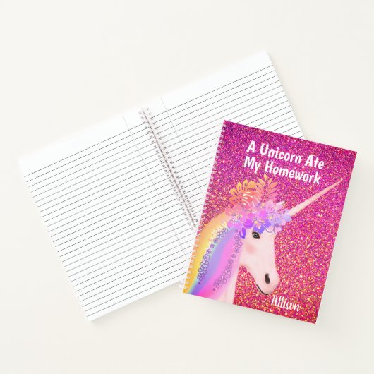 Rainbow Unicorn Rosa Glitzer Glam Personalisiert Notizblock (Innenseite)
