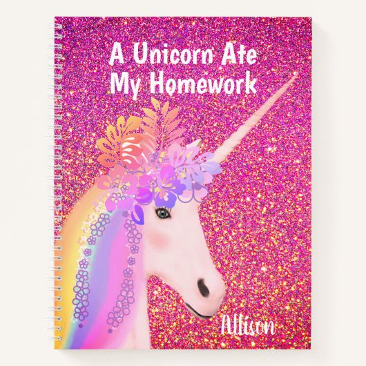 Rainbow Unicorn Rosa Glitzer Glam Personalisiert Notizblock (Vorderseite)