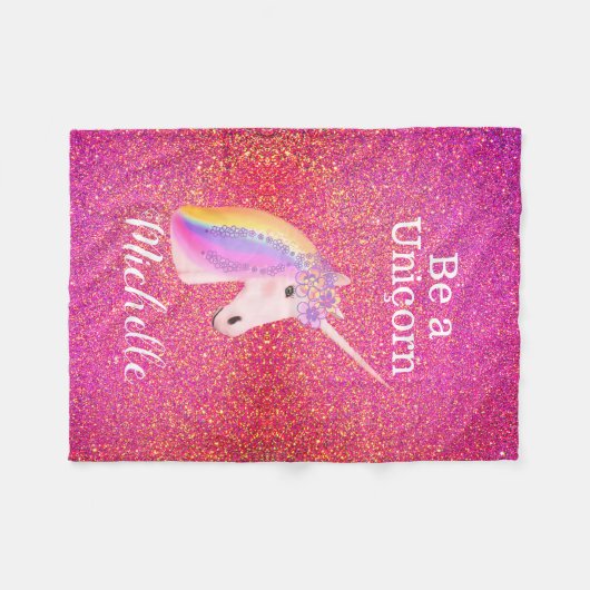 Rainbow Unicorn Rosa Glitzer Glitzern Personalisie Fleecedecke (Vorderseite (Horizontal))