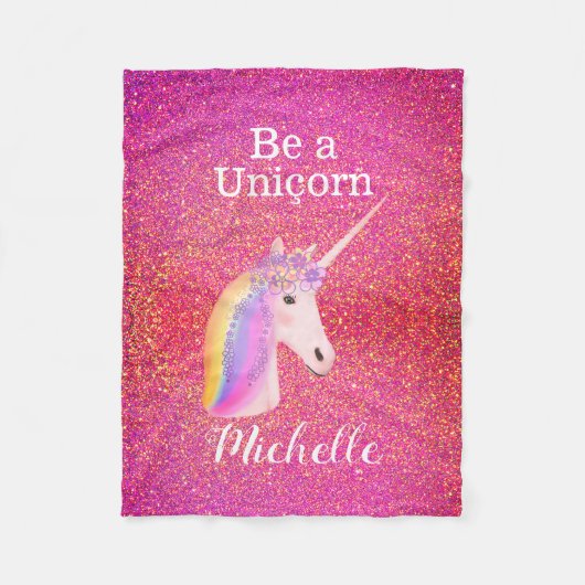 Rainbow Unicorn Rosa Glitzer Glitzern Personalisie Fleecedecke (Vorderseite)