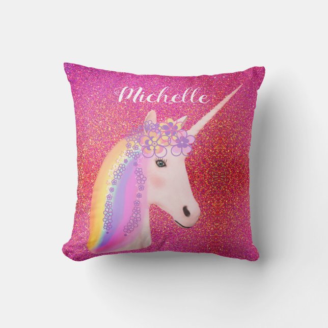Rainbow Unicorn Rosa Glitzer Glitzern Personalisie Kissen (Vorderseite)
