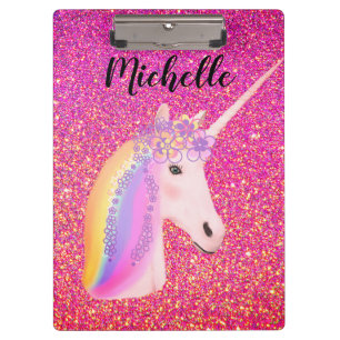 Rainbow Unicorn Rosa Glitzer Glitzern Personalisie Klemmbrett