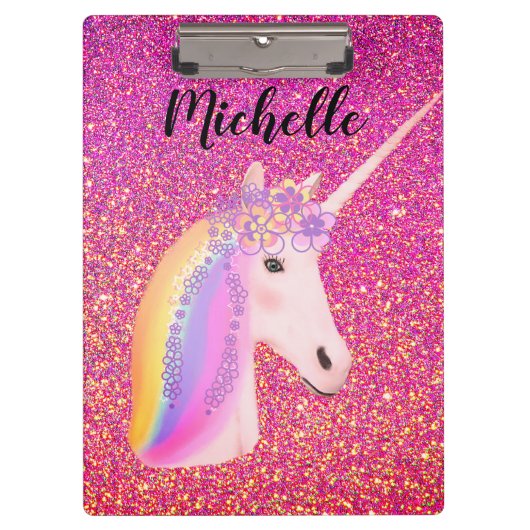 Rainbow Unicorn Rosa Glitzer Glitzern Personalisie Klemmbrett (Vorderseite)