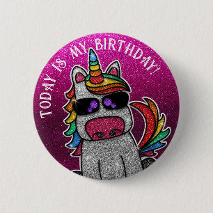 Rainbow Unicorn Rosa Glitzer Heute ist mein Geburt Button