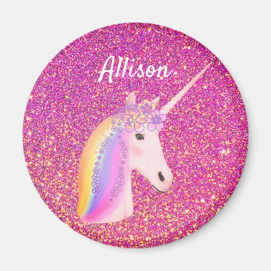 Rainbow Uniçorn Rosa Glitzer Sparkle Personalisier Magnet (Vorne)