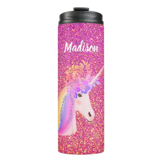 Rainbow Unicorn Rosa Gold Glitzer Blumenname Thermosbecher (Vorderseite)