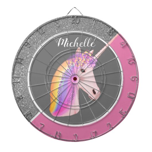 Rainbow Unicorn Rosa Silberner Glitzer Glitzern Gi Dartscheibe (vorne)