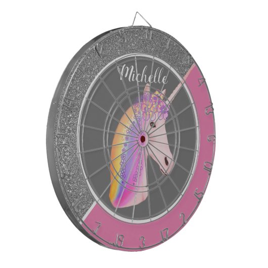 Rainbow Unicorn Rosa Silberner Glitzer Glitzern Gi Dartscheibe (Vorderseite Links)