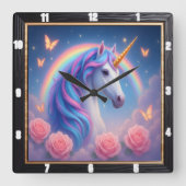 Rainbow Unicorn Rose Butterfly Quadratische Wanduhr (Vorderseite)