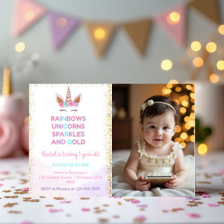 Rainbow Unicorn Royal Sparkle Birthday Foto Einladung
