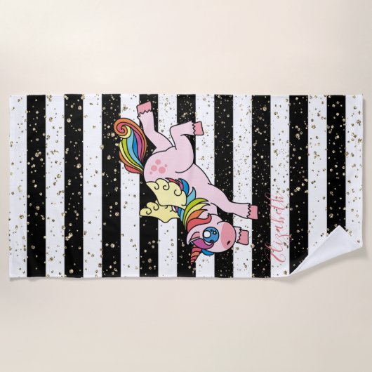 Rainbow Unicorn, Schwarz-weiß gestreift - Personal Strandtuch (Vorderseite)