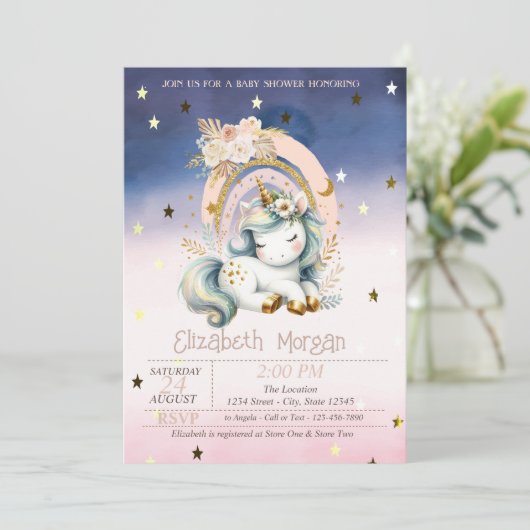 Rainbow Unicorn Stars Ombre Kinderdusche Einladung (Stehend Vorderseite)
