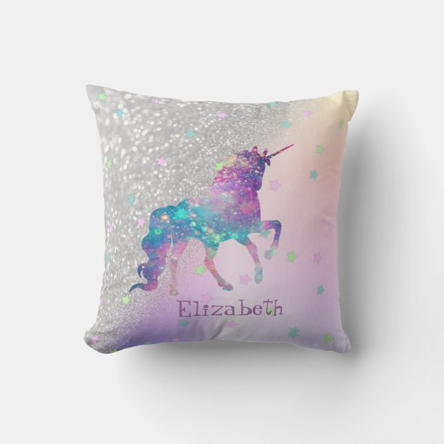 Rainbow Unicorn, Stars, Silberer Glitzer Bokeh Kissen (Vorderseite)