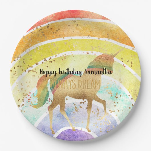 Rainbow Unicorn träumen immer mit Goldkonfetti Pappteller (Vorderseite)
