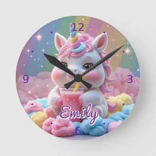 Rainbow Unicorn Wall Clock - bearbeitbarer Name Runde Wanduhr