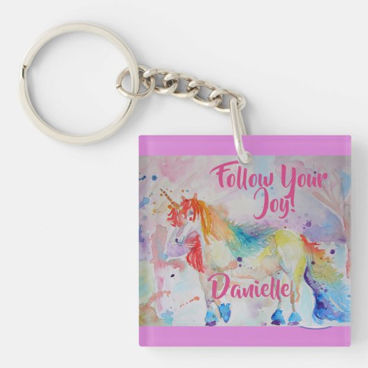 Rainbow Unicorn Wasserfarbe Rosa Schlüsselring (Vorderseite)