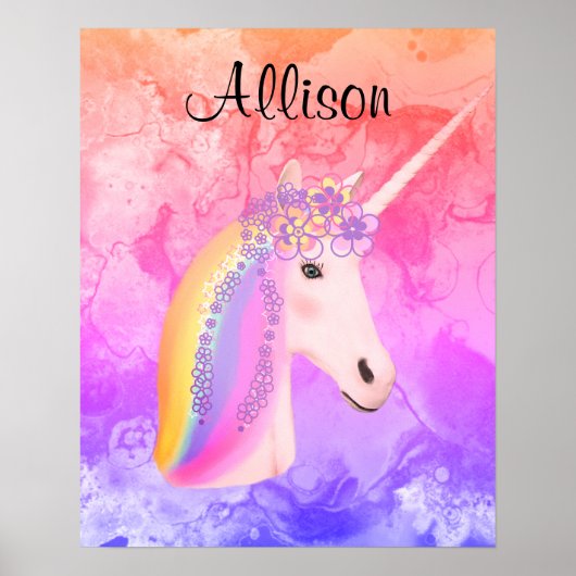 Rainbow Unicorn Wasserfarbene Girls Personalisiert Poster (Vorne)