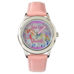 Rainbow Unicorn Watercolor Pink Girls Liebe Beobac Armbanduhr