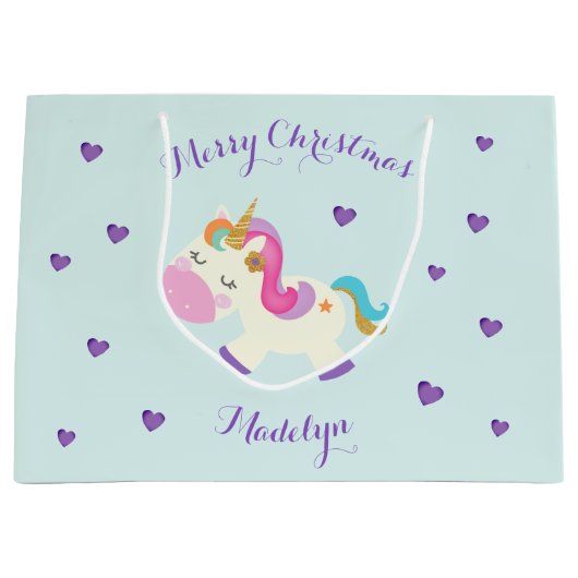 Rainbow Unicorn Weihnachts-Glitzer Aqua Große Geschenktüte (Vorderseite)