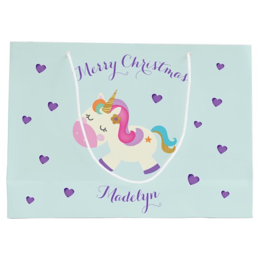 Rainbow Unicorn Weihnachts-Glitzer Aqua Große Geschenktüte (Rückseite)
