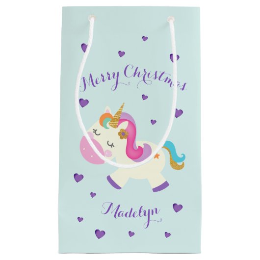Rainbow Unicorn Weihnachts-Glitzer Aqua Kleine Geschenktüte (Vorderseite)
