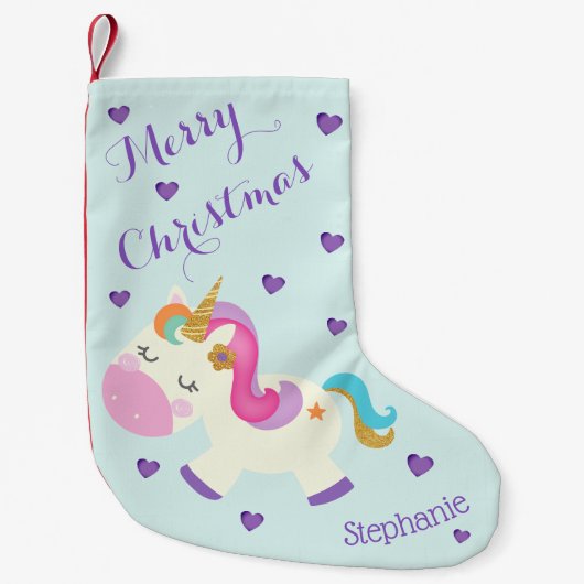 Rainbow Unicorn Weihnachts-Glitzer Aqua Kleiner Weihnachtsstrumpf (Vorderseite)