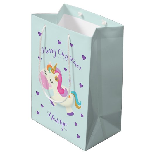 Rainbow Unicorn Weihnachts-Glitzer Aqua Mittlere Geschenktüte (Rückseite Schrägansicht)