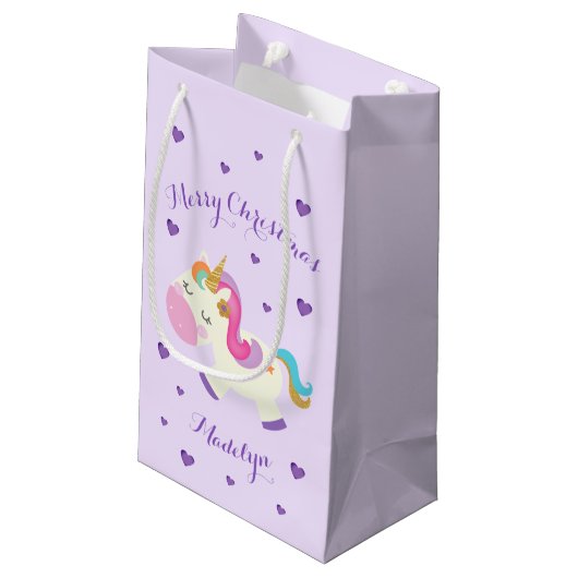 Rainbow Unicorn Weihnachtsfest Glitzer Lila Kleine Geschenktüte (Rückseite Schrägansicht)