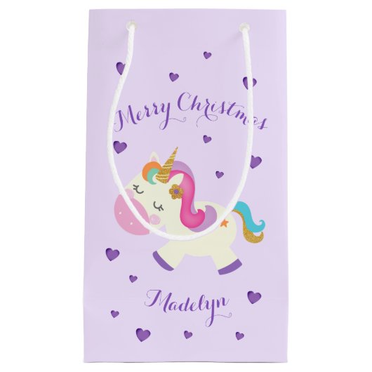 Rainbow Unicorn Weihnachtsfest Glitzer Lila Kleine Geschenktüte (Vorderseite)