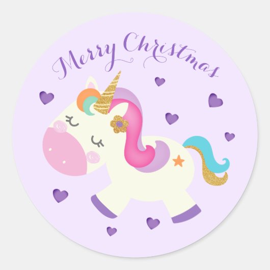 Rainbow Unicorn Weihnachtsfest Glitzer Lila Runder Aufkleber (Vorderseite)