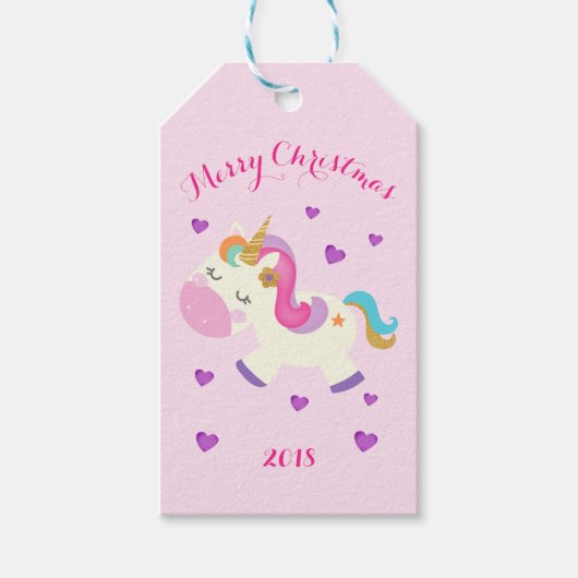 Rainbow Unicorn Weihnachtsfest Glitzer Pink Geschenkanhänger (Vorderseite)