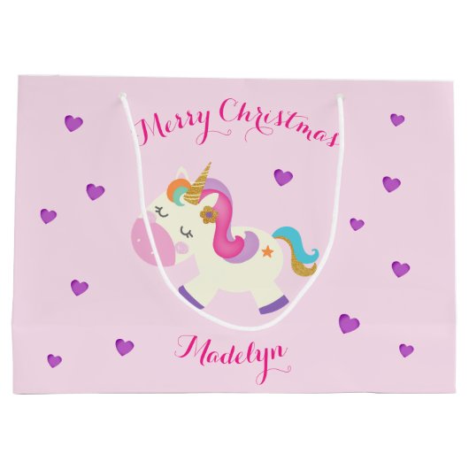 Rainbow Unicorn Weihnachtsfest Glitzer Pink Große Geschenktüte (Rückseite)