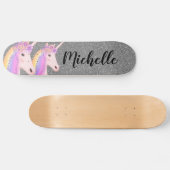 Rainbow Unicorns Girly Silver Glitzer Personalisie Skateboard (Horizontal)