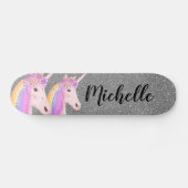 Rainbow Unicorns Girly Silver Glitzer Personalisie Skateboard (Horizontal)