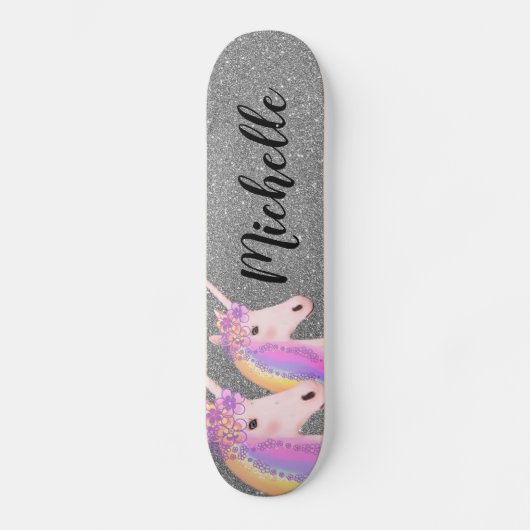 Rainbow Unicorns Girly Silver Glitzer Personalisie Skateboard (Vorderseite)