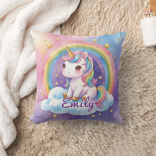 Rainbow Unicoron auf Cloud Editable Name Pillow Kissen (Decke)