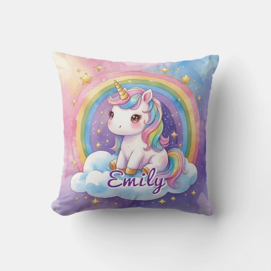 Rainbow Unicoron auf Cloud Editable Name Pillow Kissen (Vorderseite)