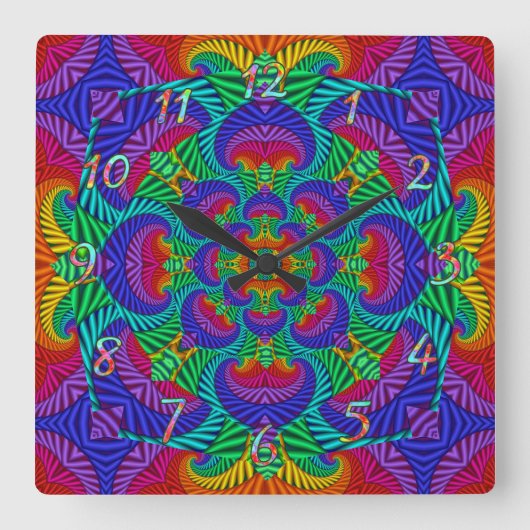Rainbow Vintag Psychedelic Fraktal Kaleidoskop Quadratische Wanduhr (Vorderseite)