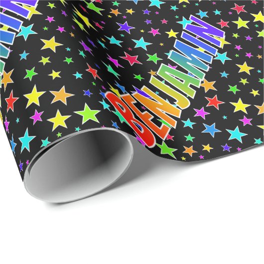 Rainbow Vorname "BENJAMIN" + Sterne Geschenkpapier (Rolleneckpunkt)