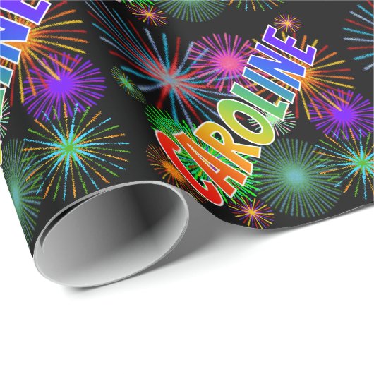 Rainbow Vorname "CAROLINE" + Feuerwerkskörper Geschenkpapier (Rolleneckpunkt)