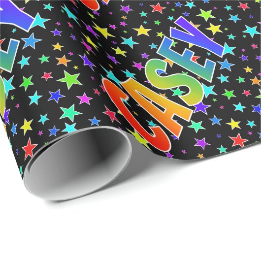 Rainbow Vorname "CASEY" + Sterne Geschenkpapier (Rolleneckpunkt)