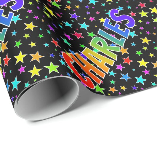 Rainbow Vorname "CHARLES" + Sterne Geschenkpapier (Rolleneckpunkt)