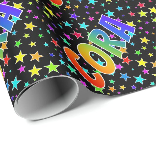 Rainbow Vorname "CORA" + Sterne Geschenkpapier (Rolleneckpunkt)